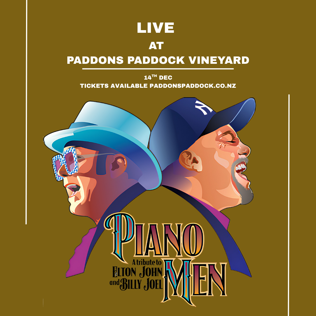 Promotional poster for 'Piano Men' tribute show at Paddons Paddock Vineyard with two men wearing hats.